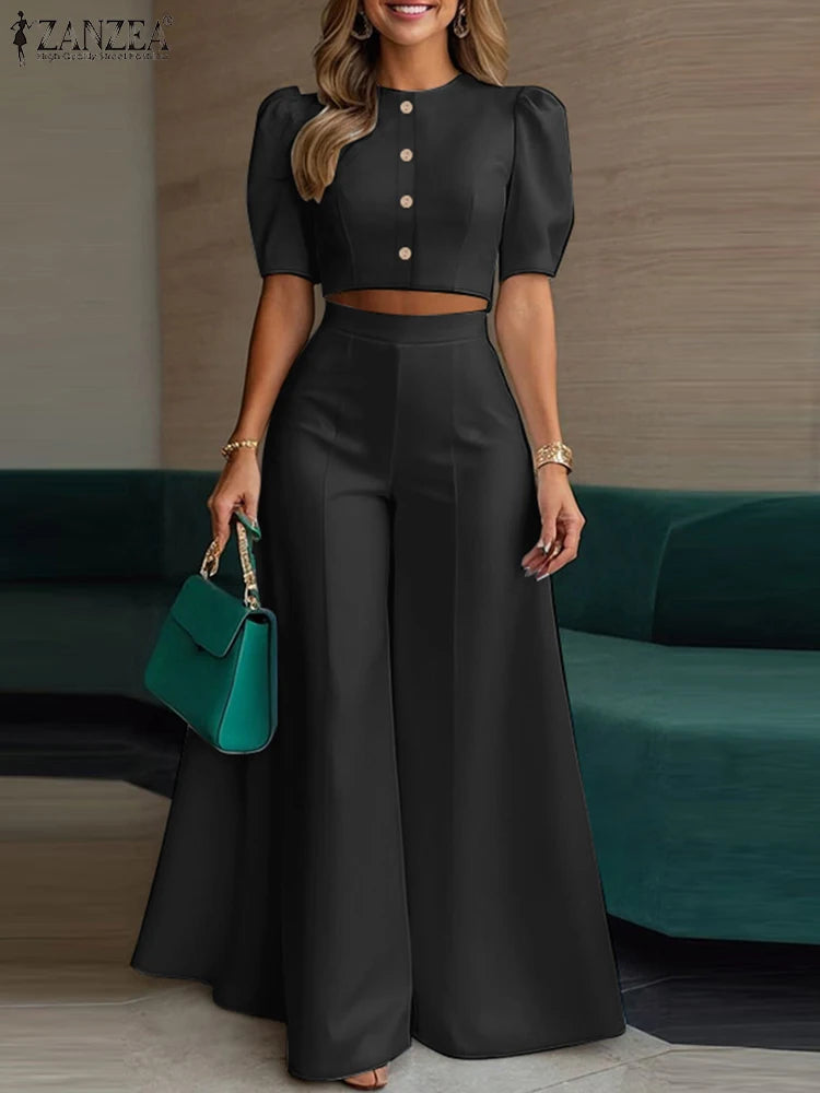 Conjunto de pantalón y pantalón de pierna ancha con manga corta abullonada