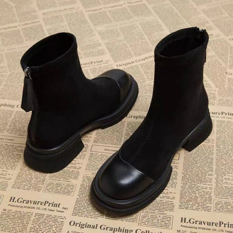 Patchwork Suede Ankle Boots Back Zipper Chunky Platform Heel Short Boots