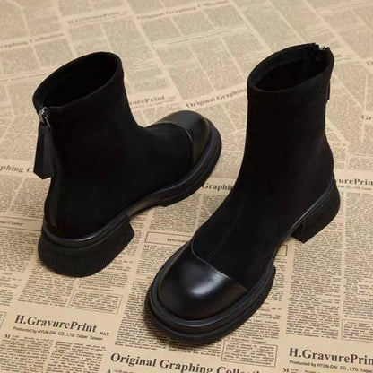 Patchwork Suede Ankle Boots Back Zipper Chunky Platform Heel Short Boots