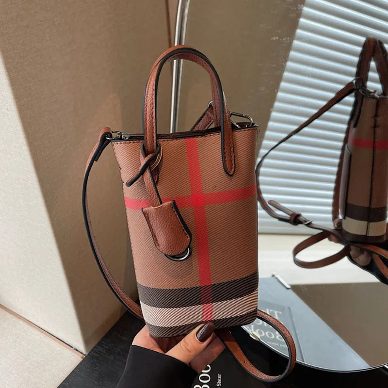 Luxury Mini Bucket Plaid PU Leather Crossbody Bag