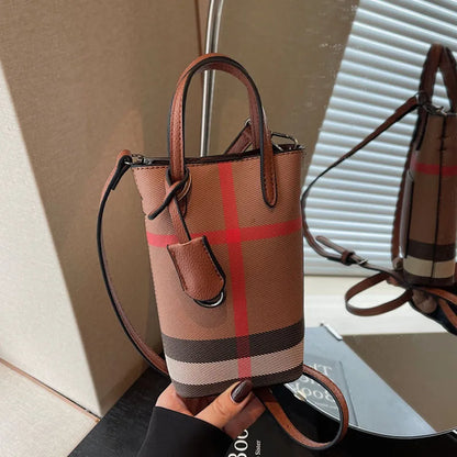 Luxury Mini Bucket Plaid PU Leather Crossbody Bag