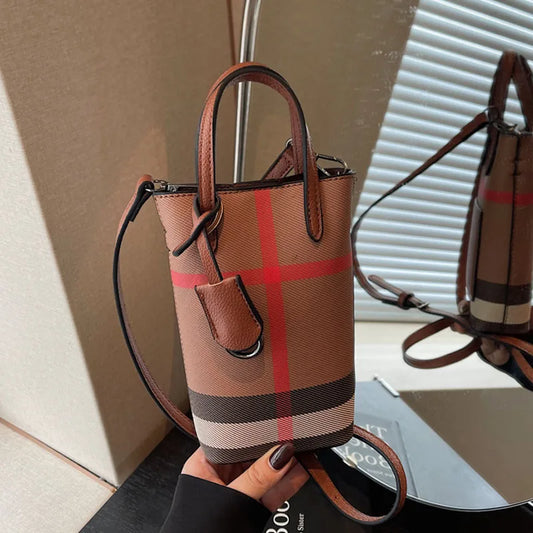 Luxury Mini Bucket Plaid PU Leather Crossbody Bag