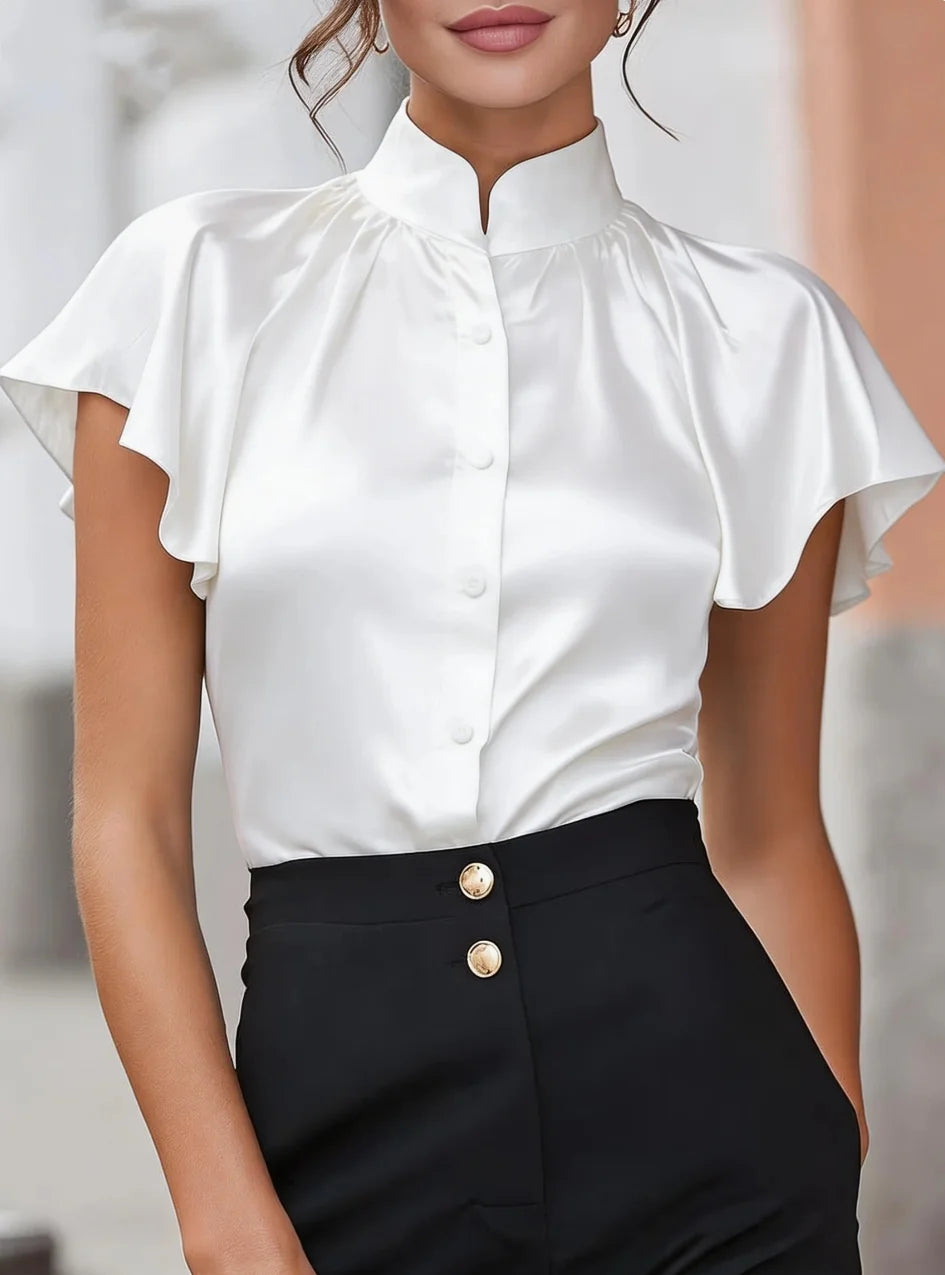 Short Sleeve Satin Blouse Stand Collar Ruffle Shirt