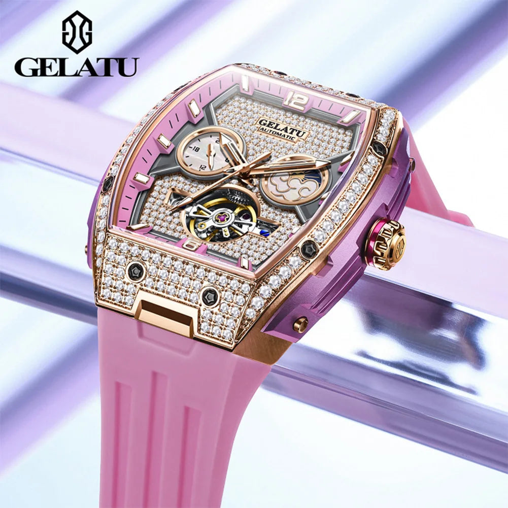 Fully Diamond Luxury Hollowed Moon Phase Waterproof Automatic Mechanical Watches