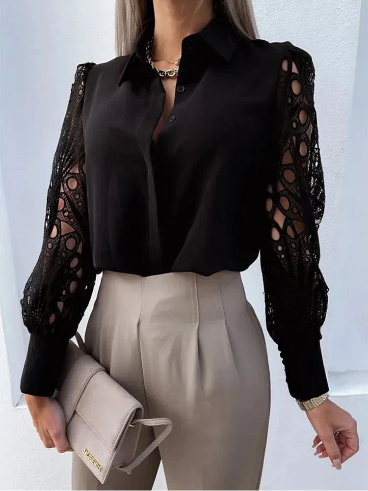 V-neck Lace Sleeve Cut-out Blouse