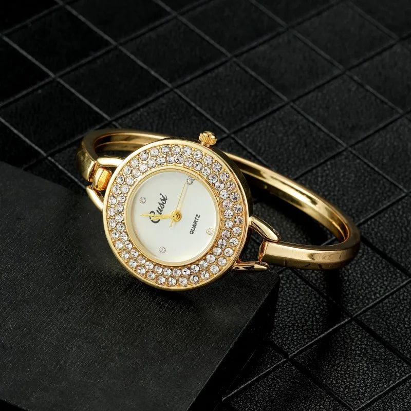 Luxury Gold Dial Rhinestone Round Quartz Bracelet Watch