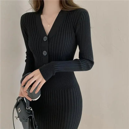 Elegant Long Slim Sweater Elastic Waist Hip Bottoming Korean Bodycon Dress