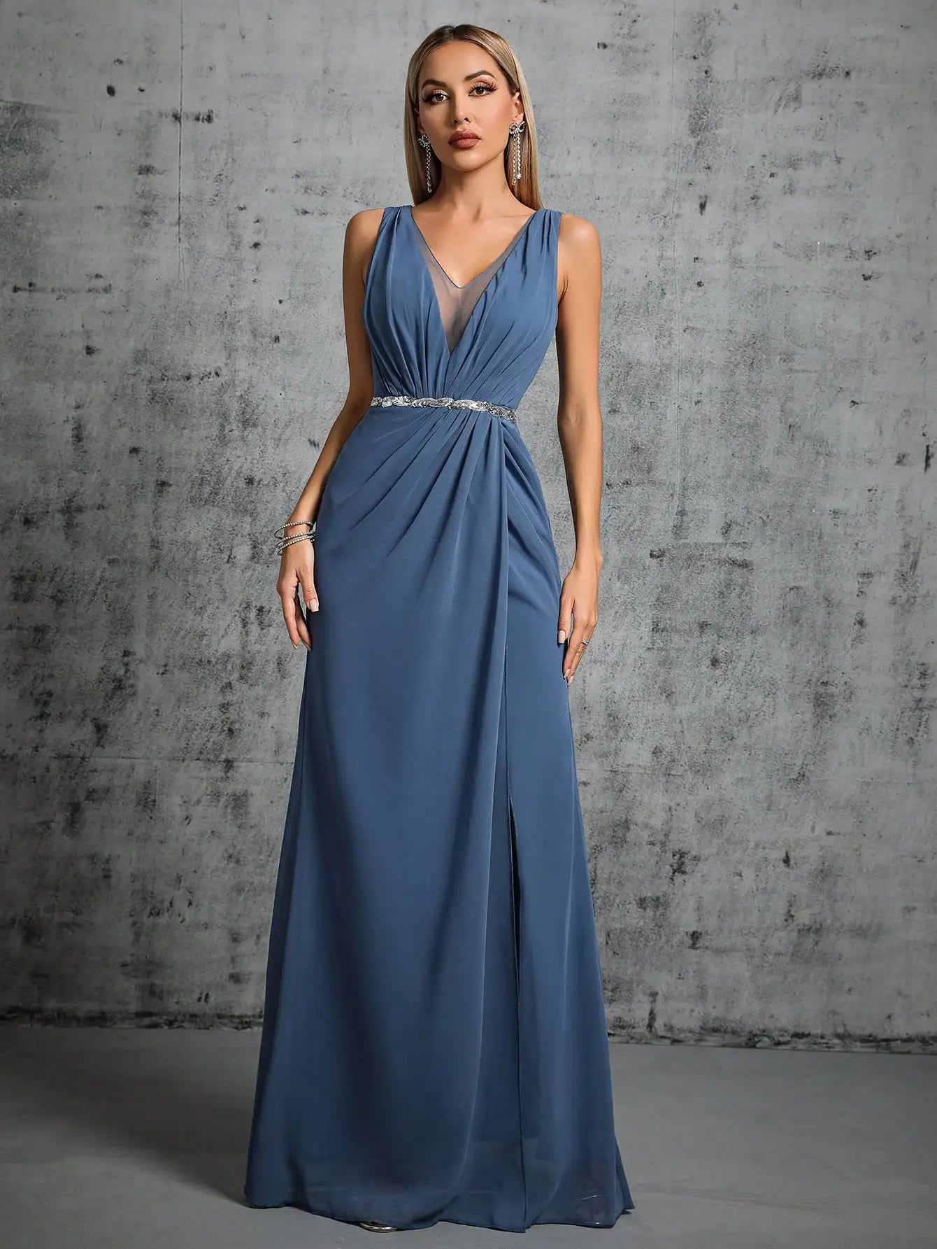 Mgiacy Shoulder silver sequin belt pleated chiffon slit skirt Dress
