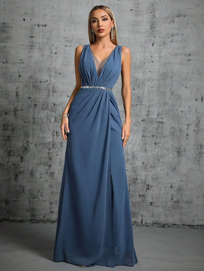 Mgiacy Shoulder silver sequin belt pleated chiffon slit skirt Dress