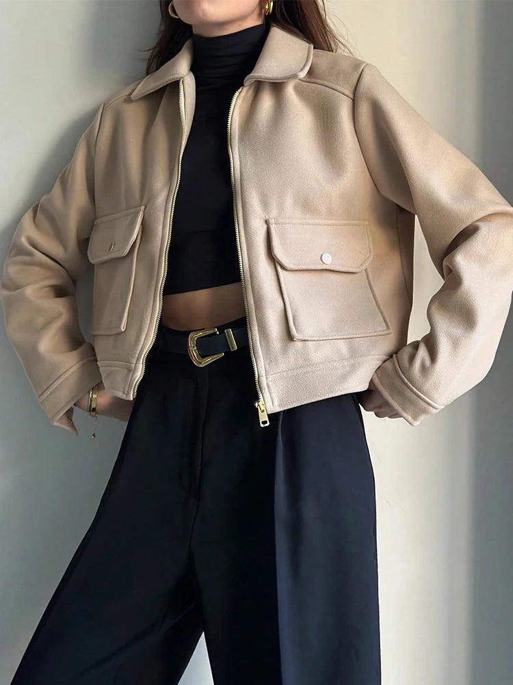 Zipper Winter Long Sleeve Pocket Outerwear Elegant Jacket Coat