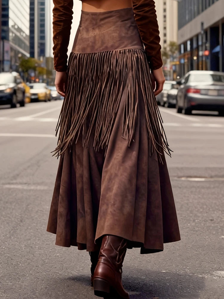 Ethnic Elegant Solid Tassel Slim Fit Midi Skirt