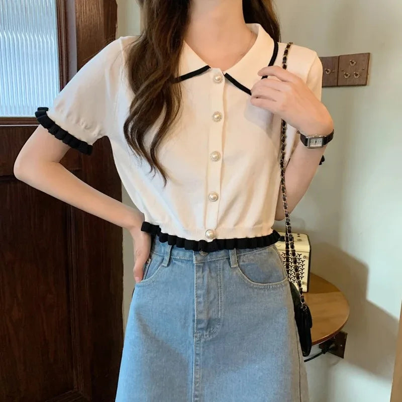 Korean Knitted Turn Down Collar Blouse