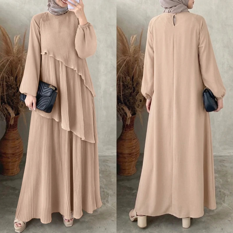 Modest Layered Plisse Patchwork Muslim Maxi Dress