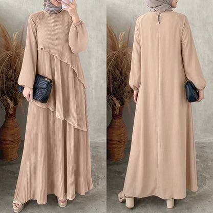 Modest Layered Plisse Patchwork Muslim Maxi Dress