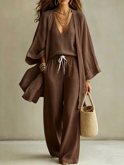 V Neck Tank Top Wide Leg Pants Kimono Cardigan 3 Piece Set
