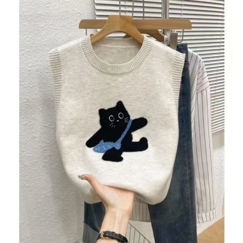 Sweater Vest Casual Embroidered Cartoon O-neck Sleeveless Pullover