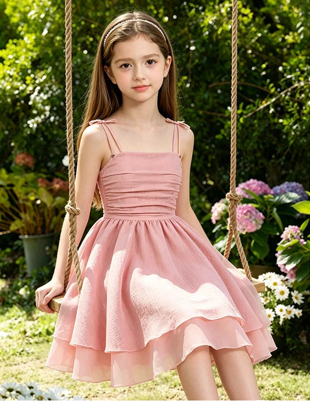 Pink Tiered Sling Princess Sweet Style Tween Girls Dress