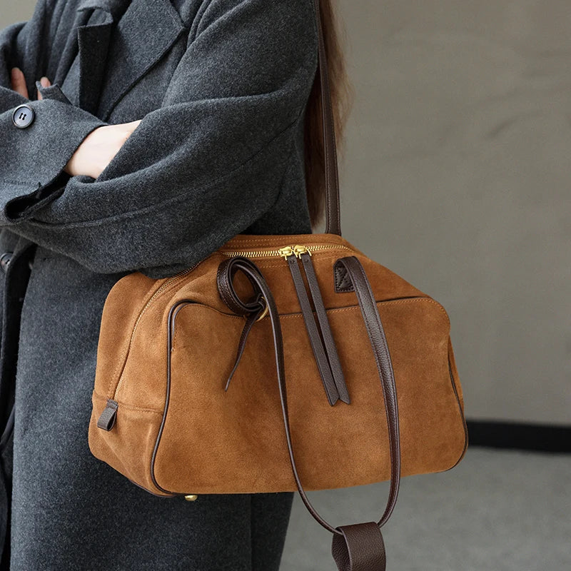 Autumn Winter Cow Genuine Leather Tote Suede Large Capacity Velvet Bags