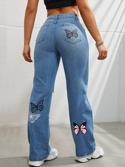 Butterfly Printing Straight High Waist Loose Jeans