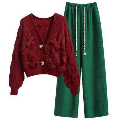 Korean Sweet Bow Outfit Long Sleeve Cardigan Knitwear Wide Leg Pants Set