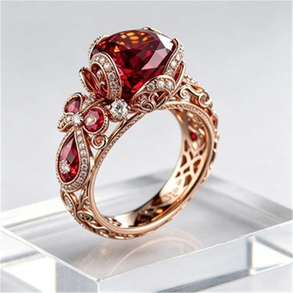 Small Exquisite Flower Charm Elegant Red Zircon Stone Ring