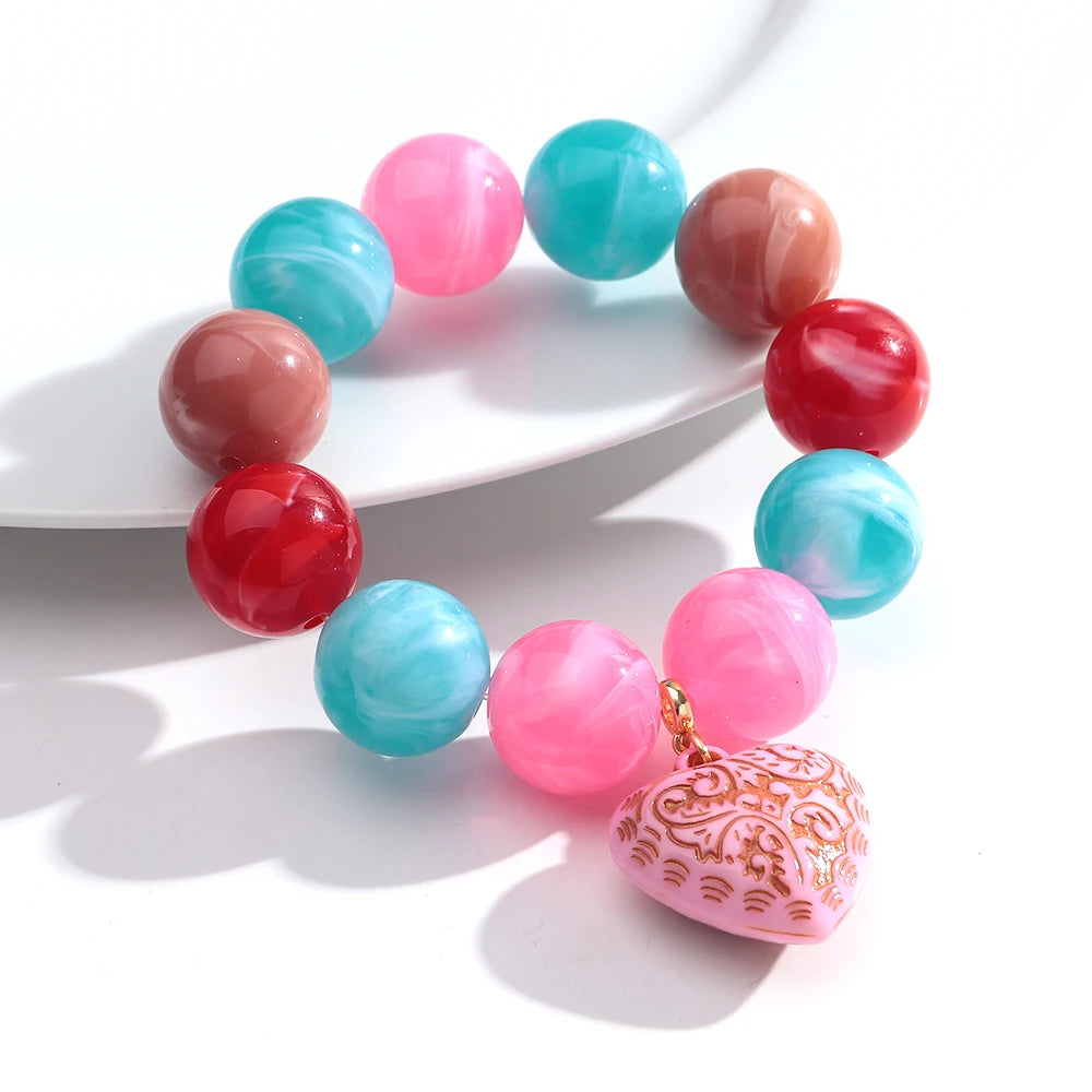Boho Colorful Round Beads Heart Pendant Elastic Bracelets