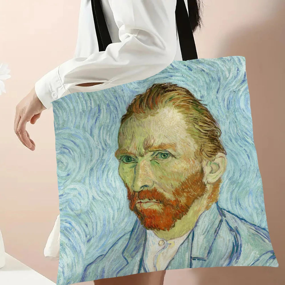 Linen Oil Painting Starry Night Flower Handbag