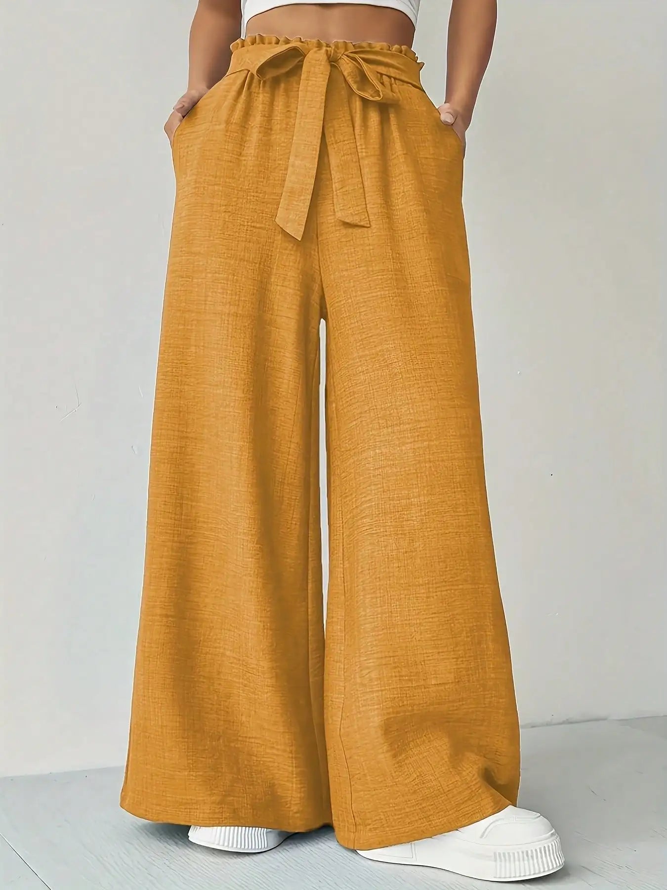 Versatile Solid Color High Waist Slim Fit Wide Leg Pants