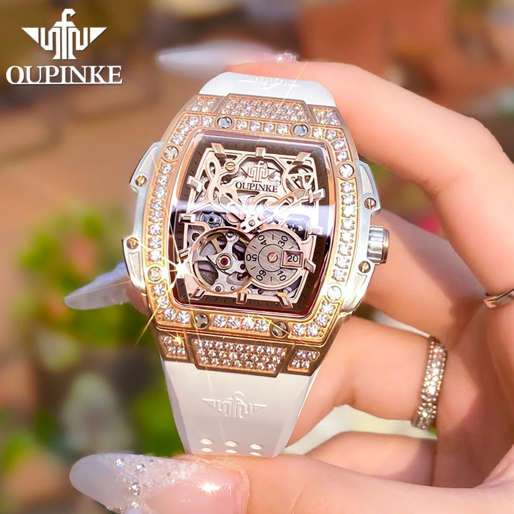 Luxury Skeleton Flywheel Tonneau Dial Automatic Mechanical Diamond Watch