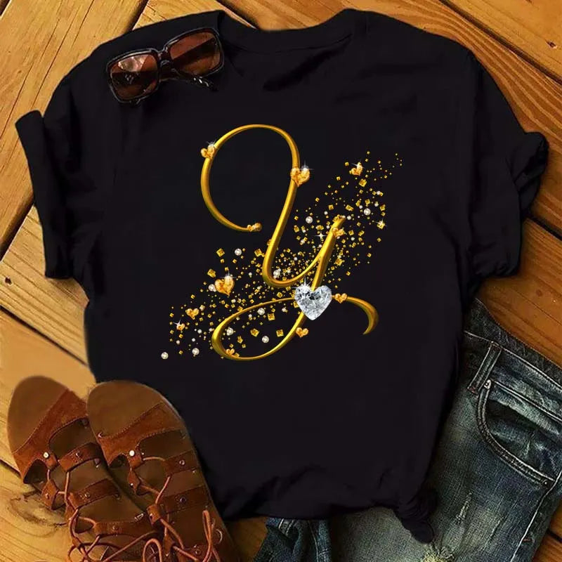 Custom Name Letter Diamond Gold Letter T-shirt