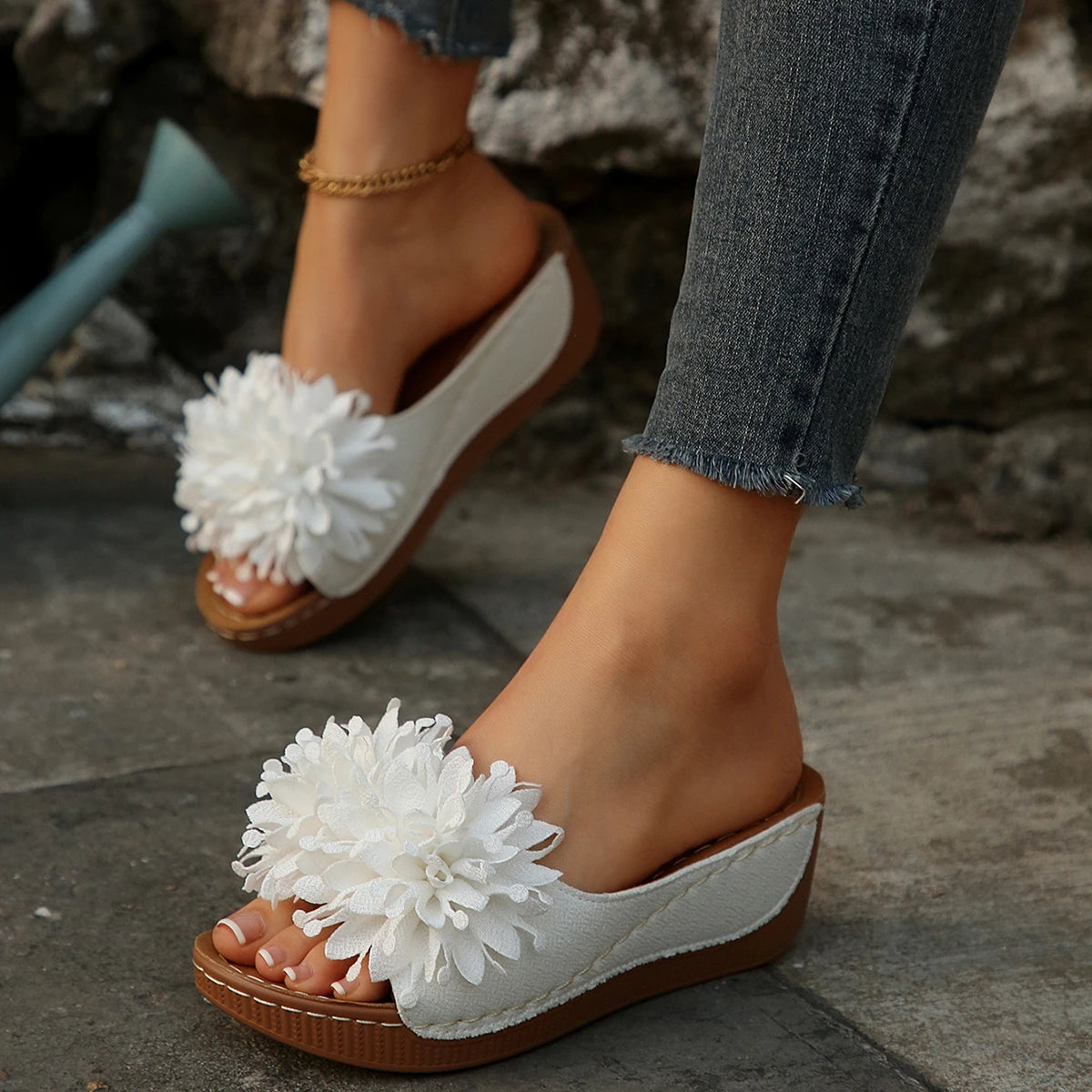 Flower Decoration Wedge Open Toe Slip Sole Sandals