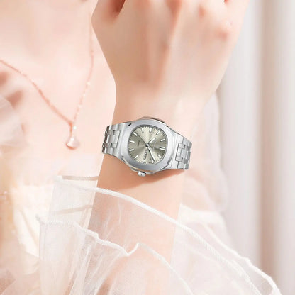 Square Date Week Waterproof Luminous Stainless Steel Quartz Watches