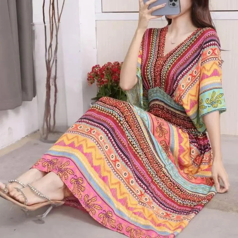 Colorful Flower  Bohemian Midi Dress
