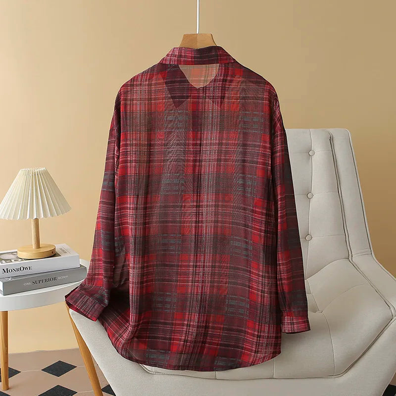 Sheer Chiffon Plaid Oversized Shirt
