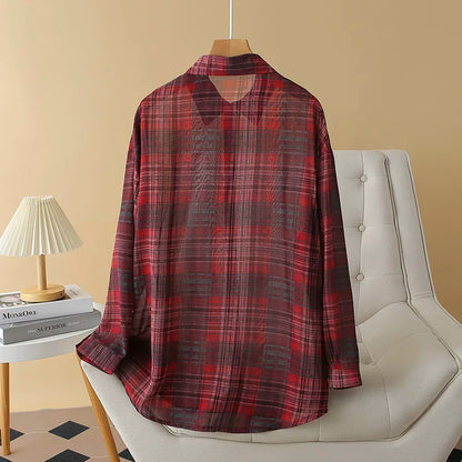 Sheer Chiffon Plaid Oversized Shirt