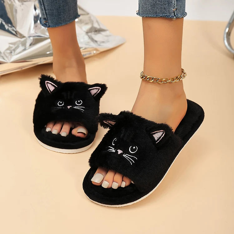 Fluffy Flat Cat Cartoon Luxury Slippers