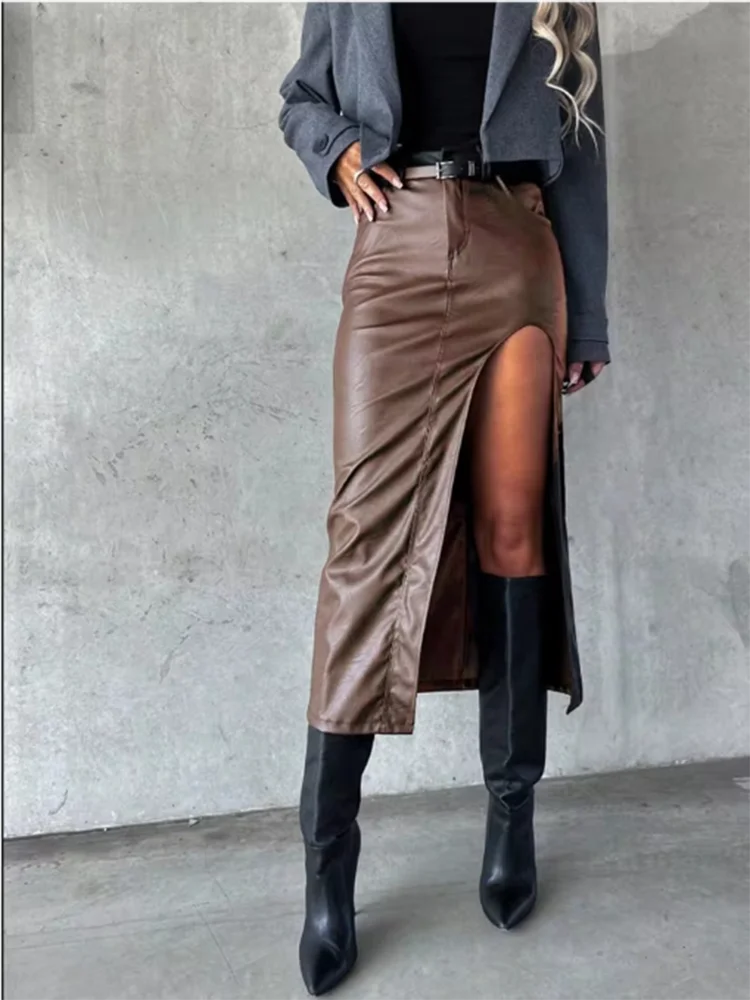 Mid Pu Leather slit sexy Hip Hugging Punk Style Autumn Skirt