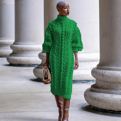 Long Sleeve Ribbed Knitted Stretchy Midi Dresses