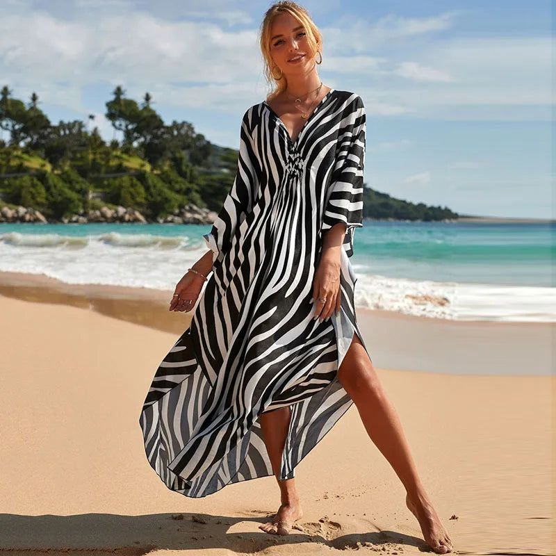 Plus Size Animal Print V-Neck Batwing Kaftan Beach Dress