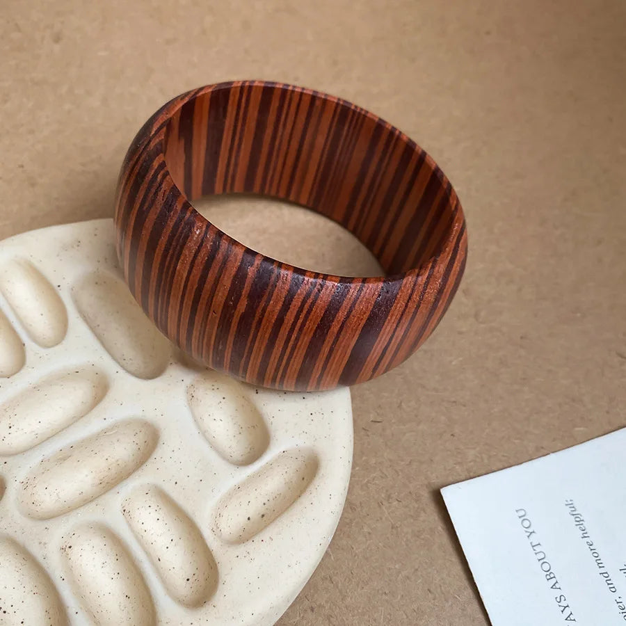 Natural Wooden Square Round Hip Hop  Rivet Beads Wide Bangles Bracelet