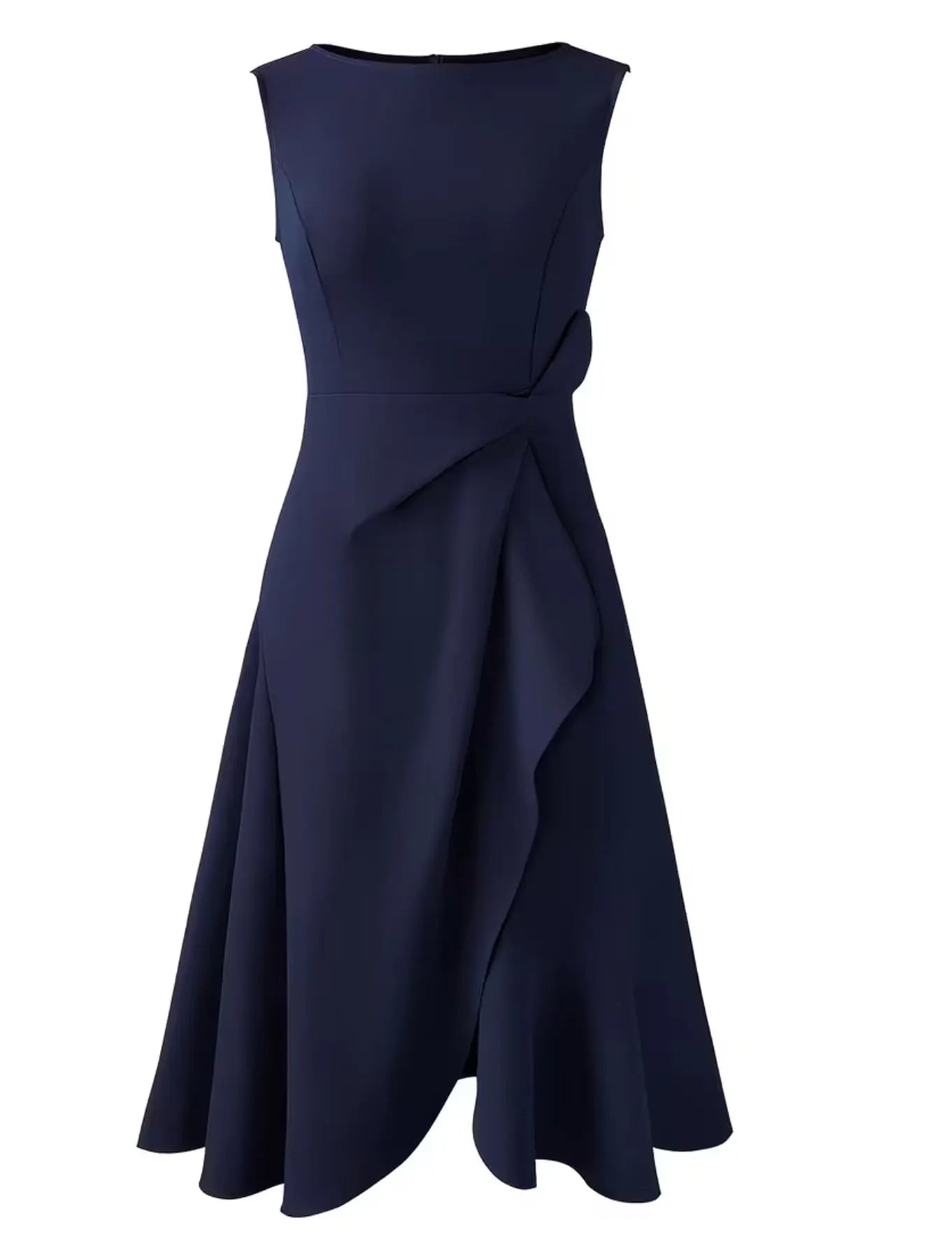 Elegant O-Neck Solid Sleeveless Commute Mid-Calf Slim Ruffle Dress