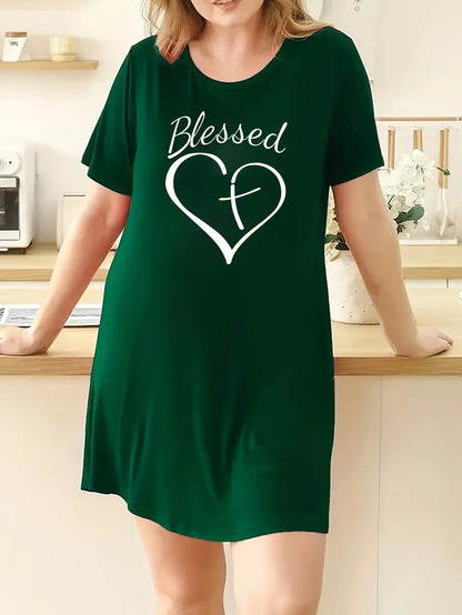 Plus Size Nightgown 3D Printed Heart Short Sleeve Long Tops Micro Stretch Dresses