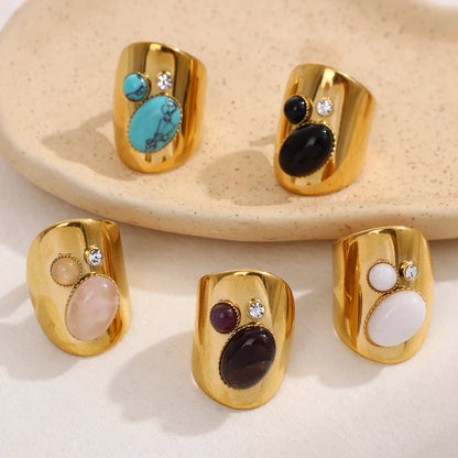 Retro Wide Stainless Steel Vintage Boho Natural Stones Zircon Rings