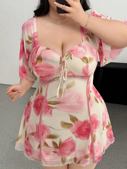 Plus Size Romantic Ruffle Sleeve Dress