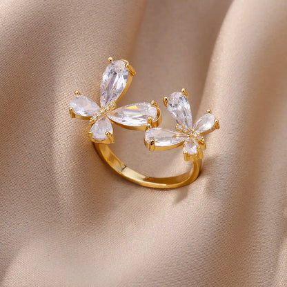 خواتم من الفولاذ المقاوم للصدأ على شكل زهرة من الزركون الأبيض