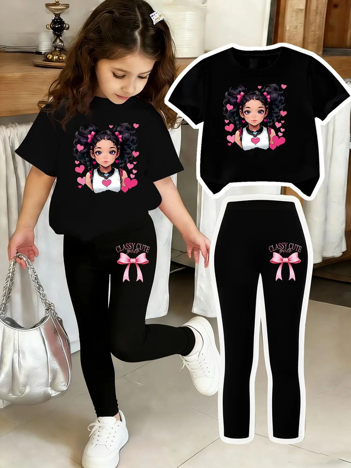 Regular Short-Sleeve With Bow Print Pants 4-12 Year Set