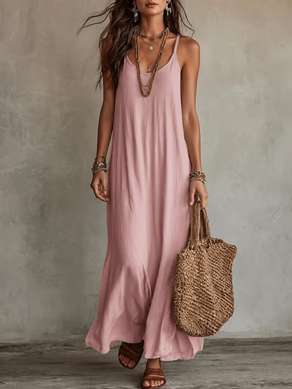 Loose Stain A-Line Long Dress with Thin Straps