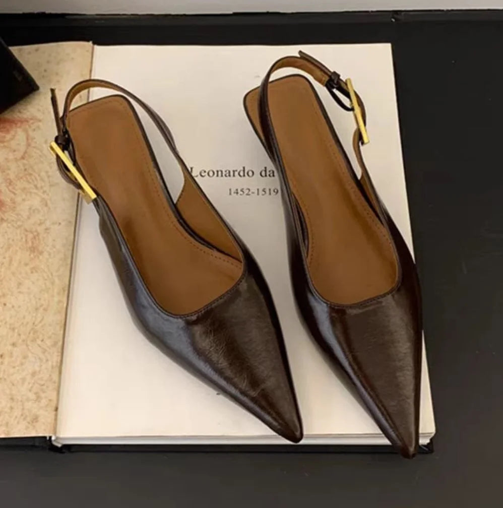 Shallow Slip on Elegant Slingback Thin Med Heel Shoes