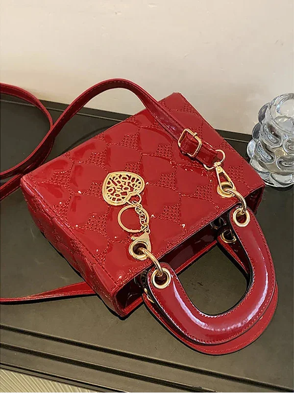 Red Love Leather Bright Surface Crossbody Bag