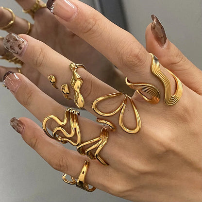 Stainless Steel Irregular Wave Creative Gold Open Punk Rapper Rings